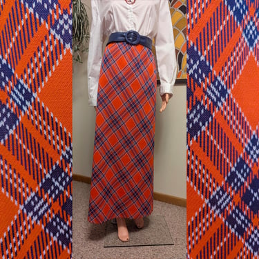 Vintage 1970s Red White & Blue Plaid Polyester Maxi Skirt / 60s 70s Knit 