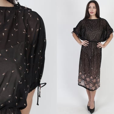70s Cascading Floral Midi Dress, Sheer Black Disco Lounge Outfit, Womens Evening Party Batwing Sleeve Mini Dress 