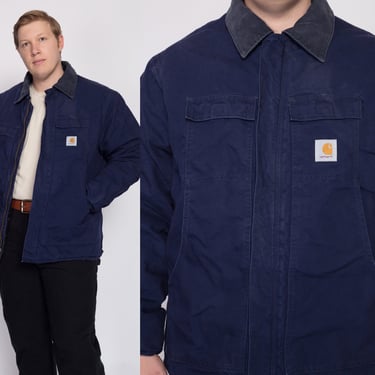 Vintage Carhartt Men's Insulated Chore Coat - Men's XL | 90s Navy Blue Duck Canvas Corduroy Collar Workwear Jacket 