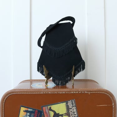 vintage 1940s Rosenfeld black suede & fringe purse • small top handle formal dress purse ~ unique shape! 