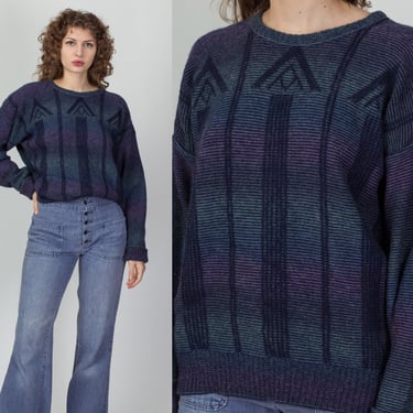 Vintage Striped Slouchy Knit Sweater - Men's Medium | 90s Robert Bruce Navy Blue & Purple Pullover 
