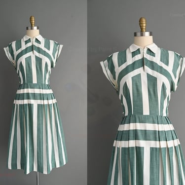 vintage 1950s dress | Green Stripe Cotton Summer Day Dress | Medium 