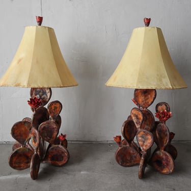 Pair of Copper and Brass Cactus Table Lamps 