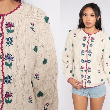 Floral Cardigan Sweater 90s Cream Cable Knit Button Up Sweater Retro Boho Nubby Chunky Cozy Fall Boho Hippie Vintage 1990s Extra Large xl 