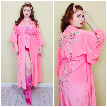1960s Vintage Best Quality Japan Acetate Robe / 60s Pink Embroidered Floral Kimono Sleeve Robe / One Size 