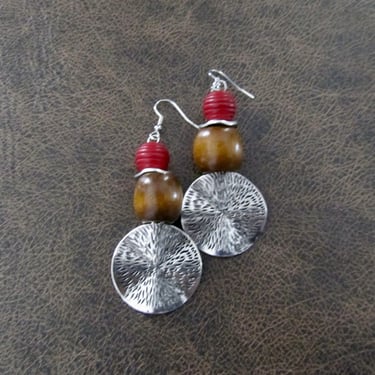 Large hammered silver and wooden earrings, red 