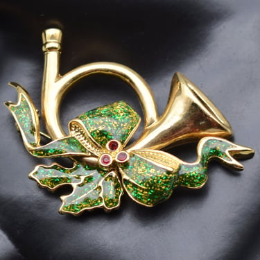 70's Xmas french horn brooch by ROMAN, gold plate green enamel rhinestone holiday glitter pin 