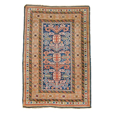 Antique 3’5’5” x 5’ Perepedil Horn Design Blue Khaki Hand-Knotted Wool Low Pile Rug Early 1900s - FREE DOMESTIC SHIPPING 