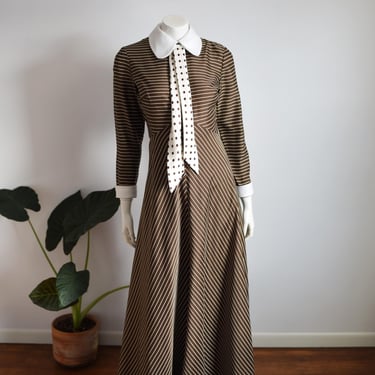 1970s Brown Pinstripe Maxi Dress - S/M 