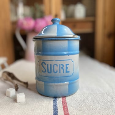 Beautiful rare find vintage French enamelware Sucre ( sugar ) canister 