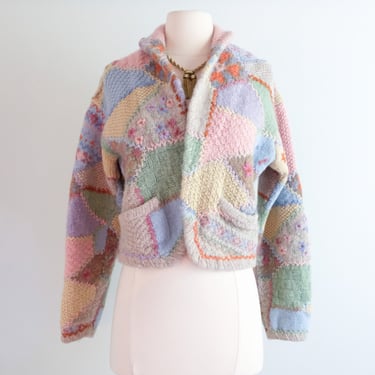 Vintage 1980's Shetland Wool Pastel Patchwork Cropped Cardigan / S