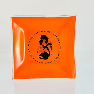 Vintage 1960s Groovy Orange Art Glass The Playboy Club Key Girl Ashtray Dish Square 