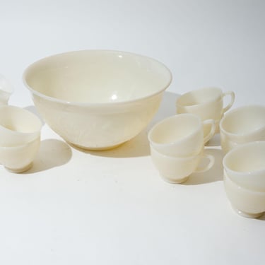 Punch Bowl Set, Indiana Glass Sandwich Pattern, Flowers, Bowl and Cups, Vintage c.1950s 