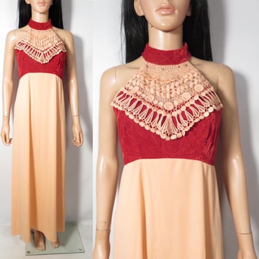 Vintage 70s Formal Peach And Orange Velvet Maxi Dress Size S/M 