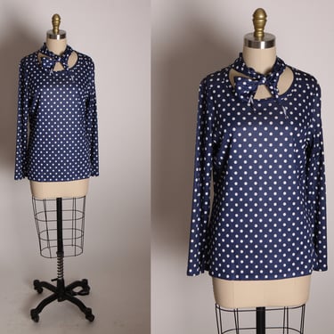 1970s Blue and White Polka Dot Long Sleeve Zipper Back Blouse with Matching Neck Scarf by Ship N’ Shore -L 