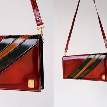 Vintage 70s Pierre Cardin Ox Blood & Black Striped Leather Handbag w/ Brass Logo | 100% Genuine Leather | 1970s Designer Envelope Purse 