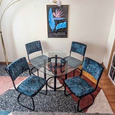 Teal Velvet Postmodern Dining Table Set w/ 4 Cantilevered Chairs