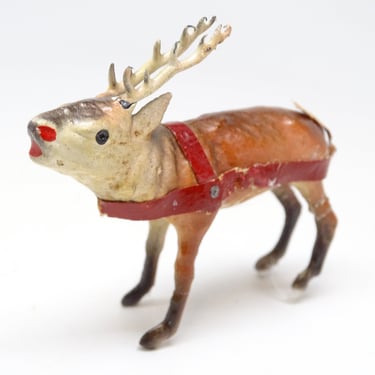 Antique Small German Reindeer Hand Painted Composite, Vintage Deer for Christmas Putz or Nativity 