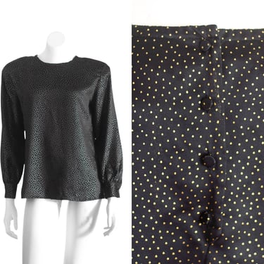 Vintage Black Silky Blouse with Gold Polka Dots 