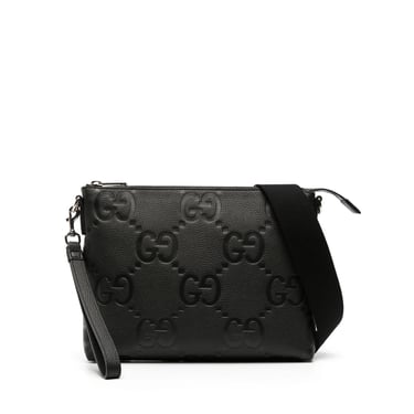 Gucci Men Black Calf Leather All-Over Debossed Logo Print Jumbo Gg Top Zip Fastening Branded Zip Puller Adjustable Detachable Shoulder Strap Main Compartment Internal Logo Patch Internal Zip-Fastening Pocket Canvas Lining