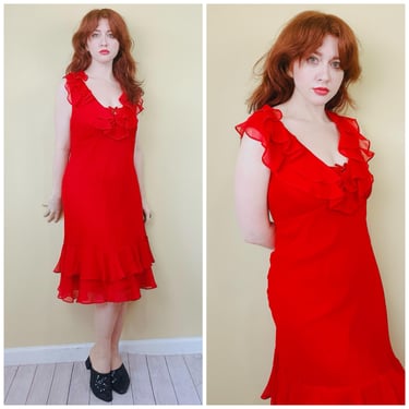 Y2K American Living Red Ruffled Bias Cut Dress / Vintage Ruffle Flutter Sleeve Romantic Slip Dress / Size XL 