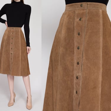 Small 70s Boho Brown Suede Leather Midi Skirt 26