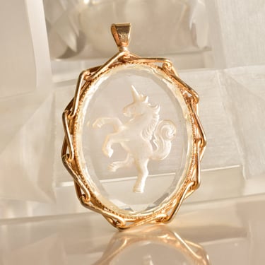 Reverse Glass Intaglio Unicorn Pendant, Gold-Tone Chain Link Setting, Faceted Clear Glass Cameo, 47mm 