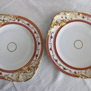 2 Fine Antique French Paris Hand Painted Gilt Porcelain Cake Serving Platters 