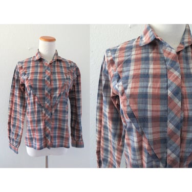 Vintage Plaid Blouse 70s Western Long Sleeve Button Up Top - Size Medium 