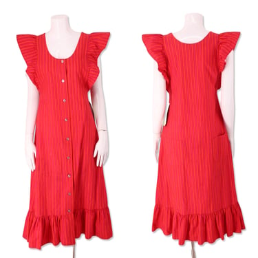 60s MARIMEKKO bright pink striped print pinafore dress 8, 70s marimekko ruffled maxi, 60s mod apron dress S-M Finnish 