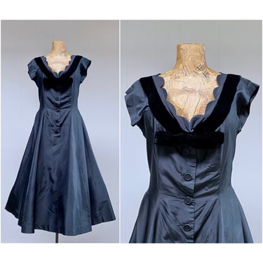 Vintage 1950s Cocktail Dress, 50s Black Rayon Taffeta Frock w/Velvet Trim Special Occasion Full Skirt Rockabilly Party, 38" Bust 