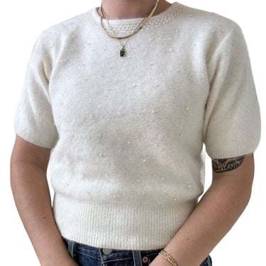 Vintage 90s Womens White Angora Sequin Fluffy Soft Short Sleeve Sweater Tee Sz S 