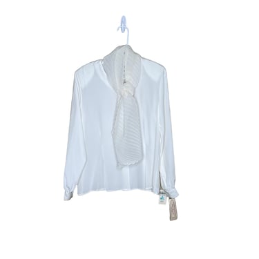 Vintage Eva Laurel White Semi Sheer Blouse with attached gauze scarf, Size 10 