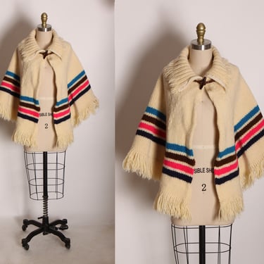 1970s Cream Off White, Pink, Blue, Brown and Black Striped Fringe Poncho 