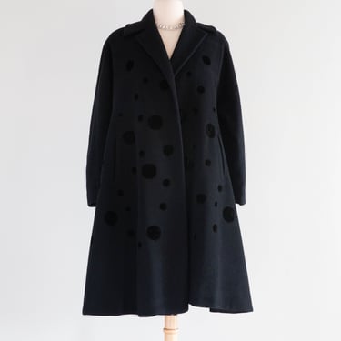 Wonderful 1950's Black Wool Swing Coat With Velvet Polka Dots By Dumas / Medium