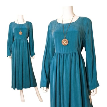 Vintage Empire Waist Rayon Dress, Extra Large / Teal Green 1990s Faux Silk Market Dress / Casual Long Sleeve Waist Tie Dress 