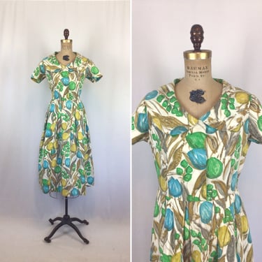 Vintage 50s dress | Vintage blue green print fit and flare dress | 1950s floral tulip print cotton dress 