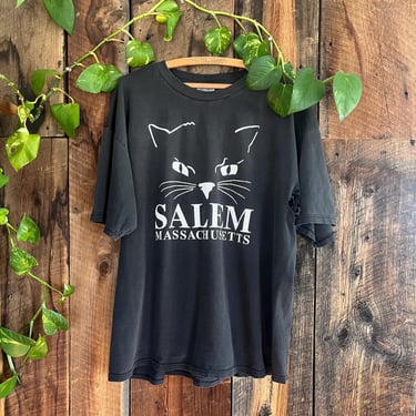 Vintage 90s Y2K Salem Massechusettes Black Cat Pitted Distressed Faded Shirt Size XL 