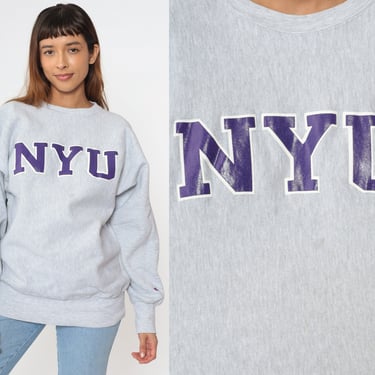 90s NYU Sweatshirt New York University Heather Grey Champion Pullover Crewneck College Graphic Vintage 1990s Medium xl 