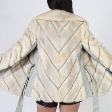 70s Belted Blonde Chevron Mink Fur Jacket, Vintage Leather Mod Spy Disco Trench Coat 