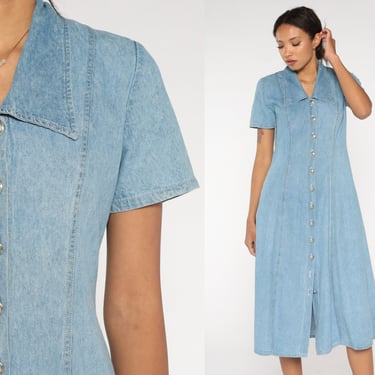 90s Denim Midi Dress Blue Jean Shirtdress Button Up Dress Flared Short Sleeve Collared 1990s Normcore Vintage Retro Small 