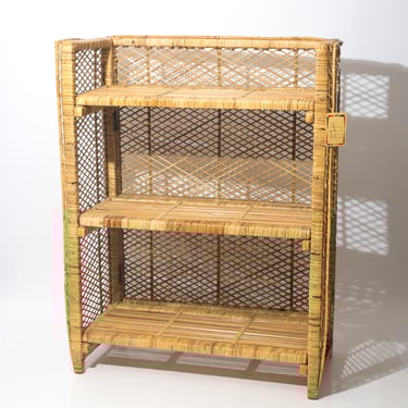 Mid Century Wicker Shelving Bookcase Storage 3 Shelf Unit Boho Vintage 1960s 1970s 