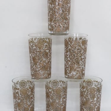 Mid Century Raised Painted Gold Floral Six Glass Water Bar Cups 2994B