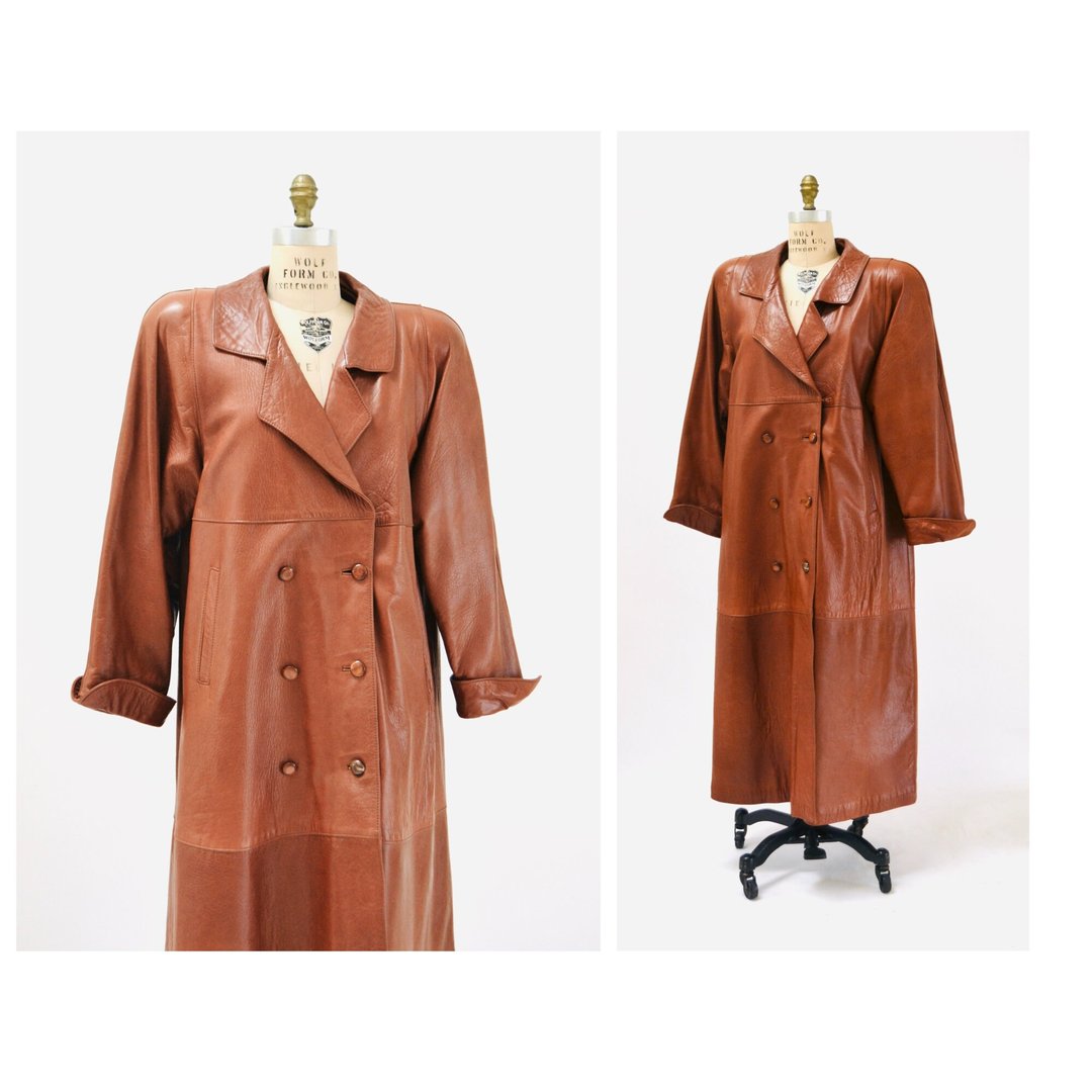 80s 90s Brown Leather Jacket Trench Coat Long Leather Jacket | Hooked ...