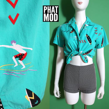 Cool Surfer Print Vintage 80s 90s Light Teal Button Down Collared Shirt 