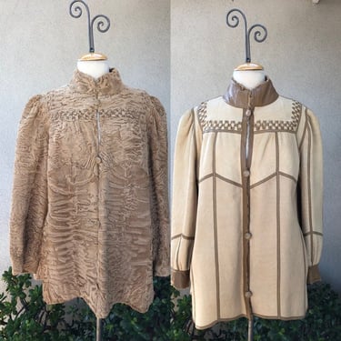 SALE Vintage tan brown reversible curly fur lamb skin jacket pockets button front sz S/M 