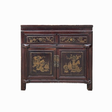 Vintage Chinese Floral Graphic Brown Drawers Table Credenza Cabinet cs7779E 