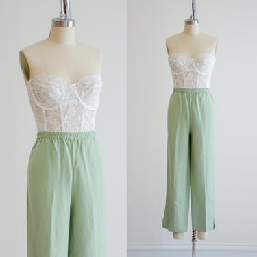 green linen pants 90s y2k vintage pastel mint green high waisted pants 