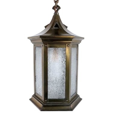 Antique American Brass and Textured Rolled Glass Hexagonal One-Light Hanging Lantern 