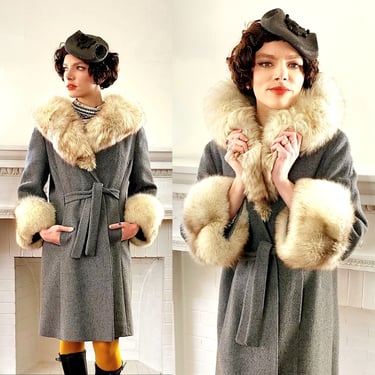 60s Gray Coat with Large Cream Fox Fur Collar and cuffs by Gino Rossi 